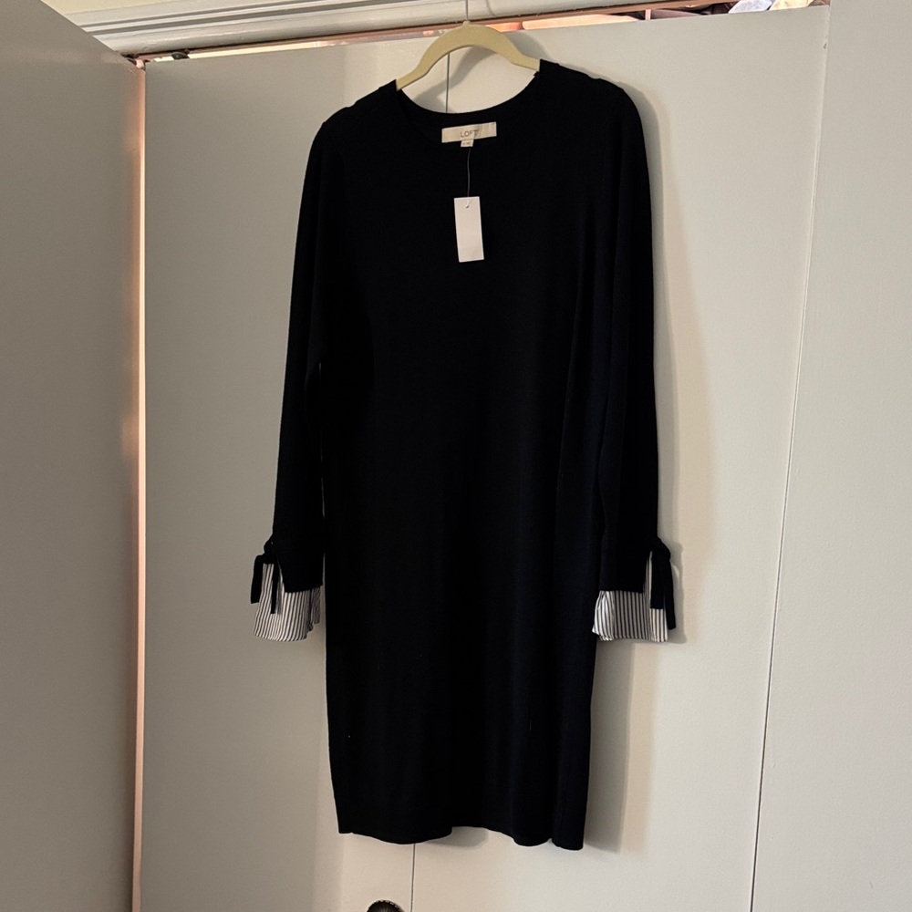 LOFT Black Dress with Striped Cuff Accents